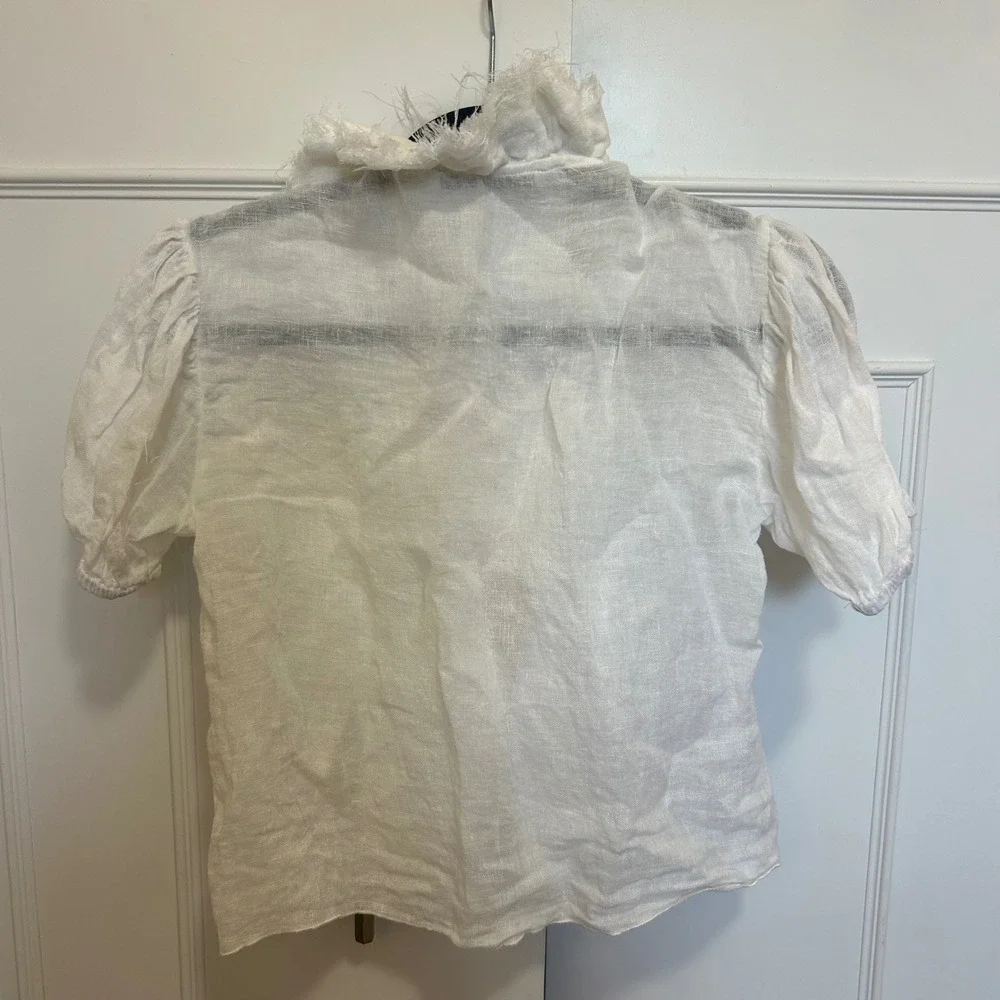 Zara White‎ Linen Blend Frayed Tie Front Puff Sleeve Blouse 3269/048/712/S Small